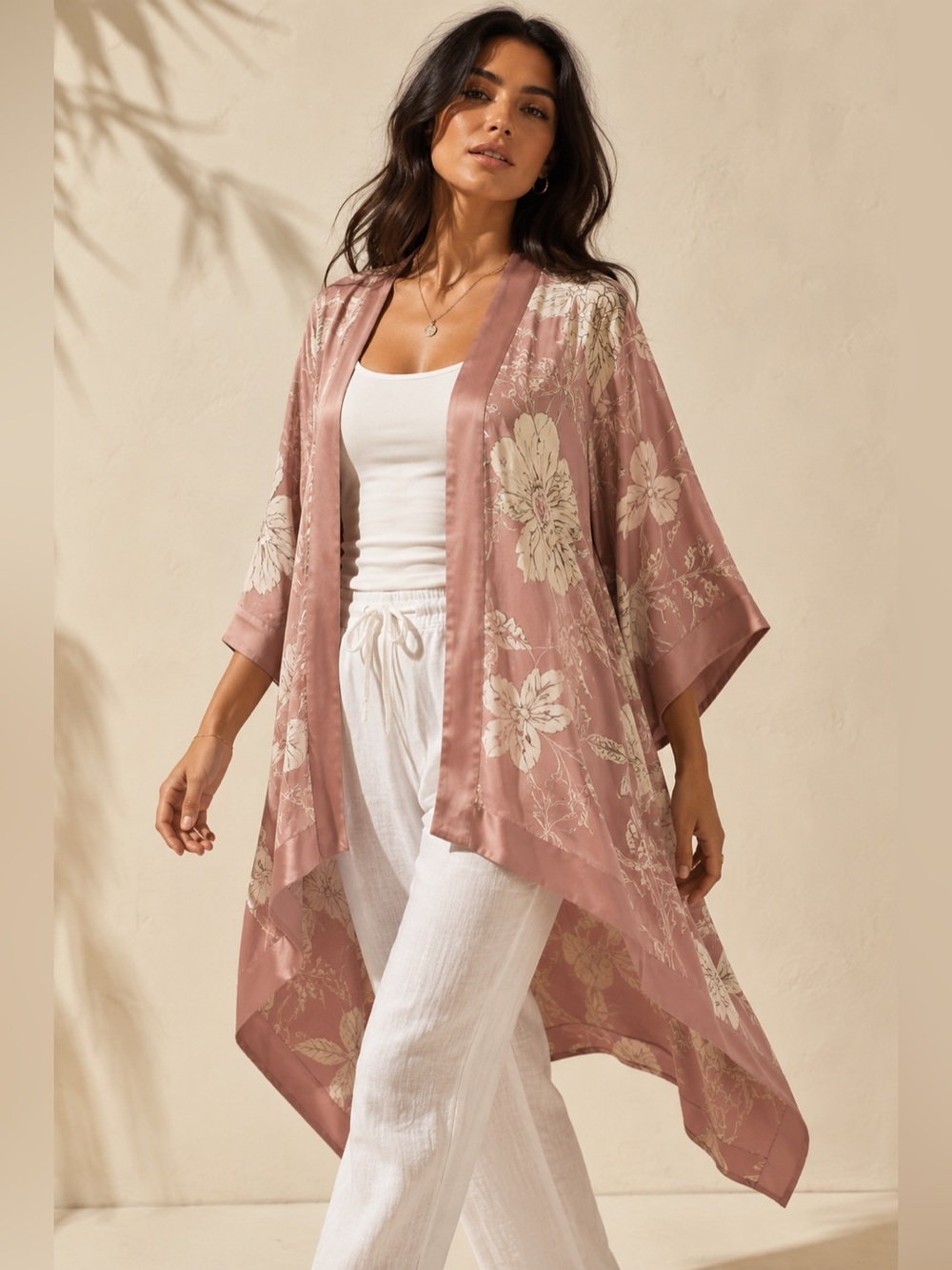 Boho Floral Kimono Duster Beach Cover Up Resort Layer One Size
